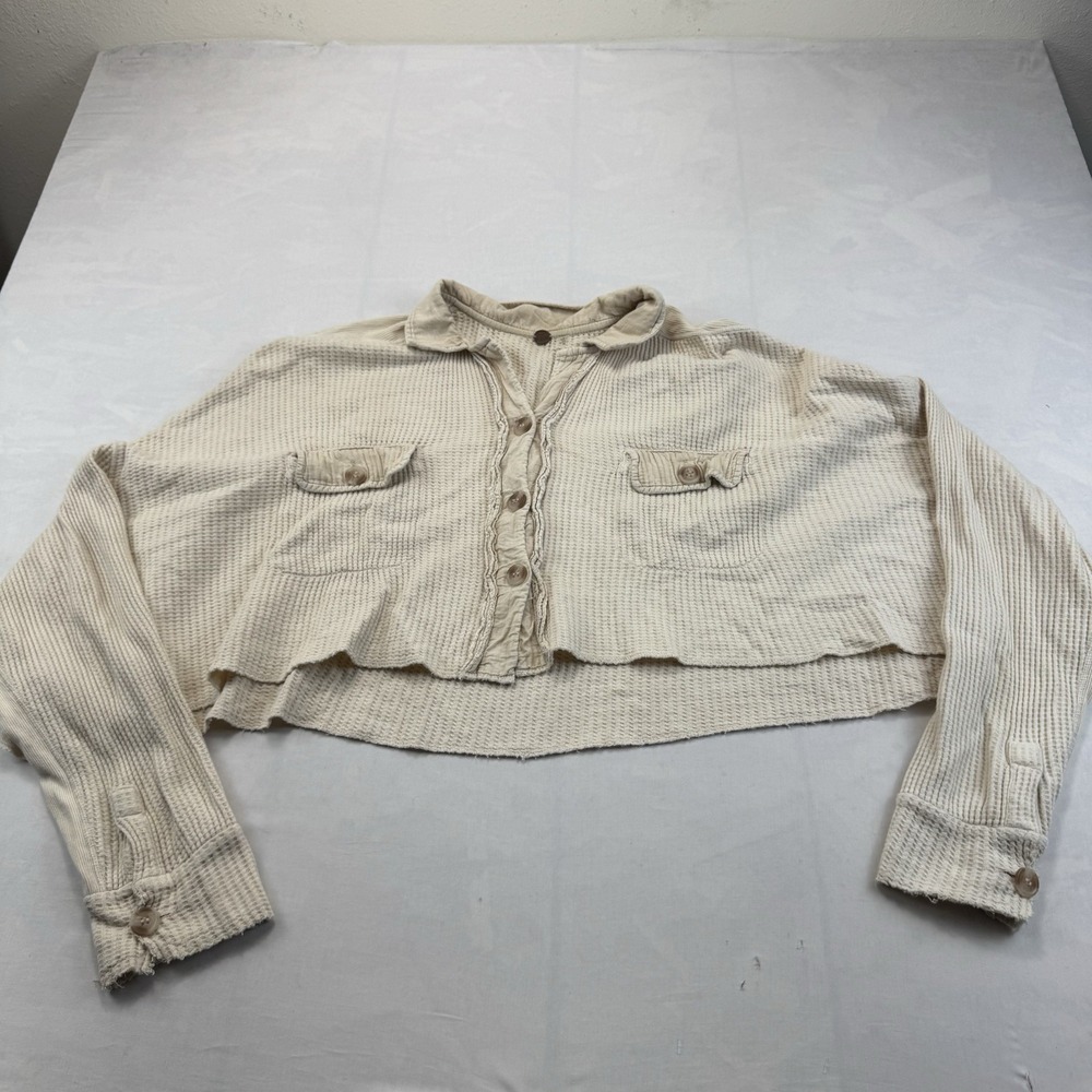 Free People FP One Large Cropped Waffle Knit Button Shirt Cream Boho Jacket